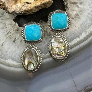 Carolyn Pollack Sterling Square Turquoise & Oval Abalone/Quartz Post Earrings